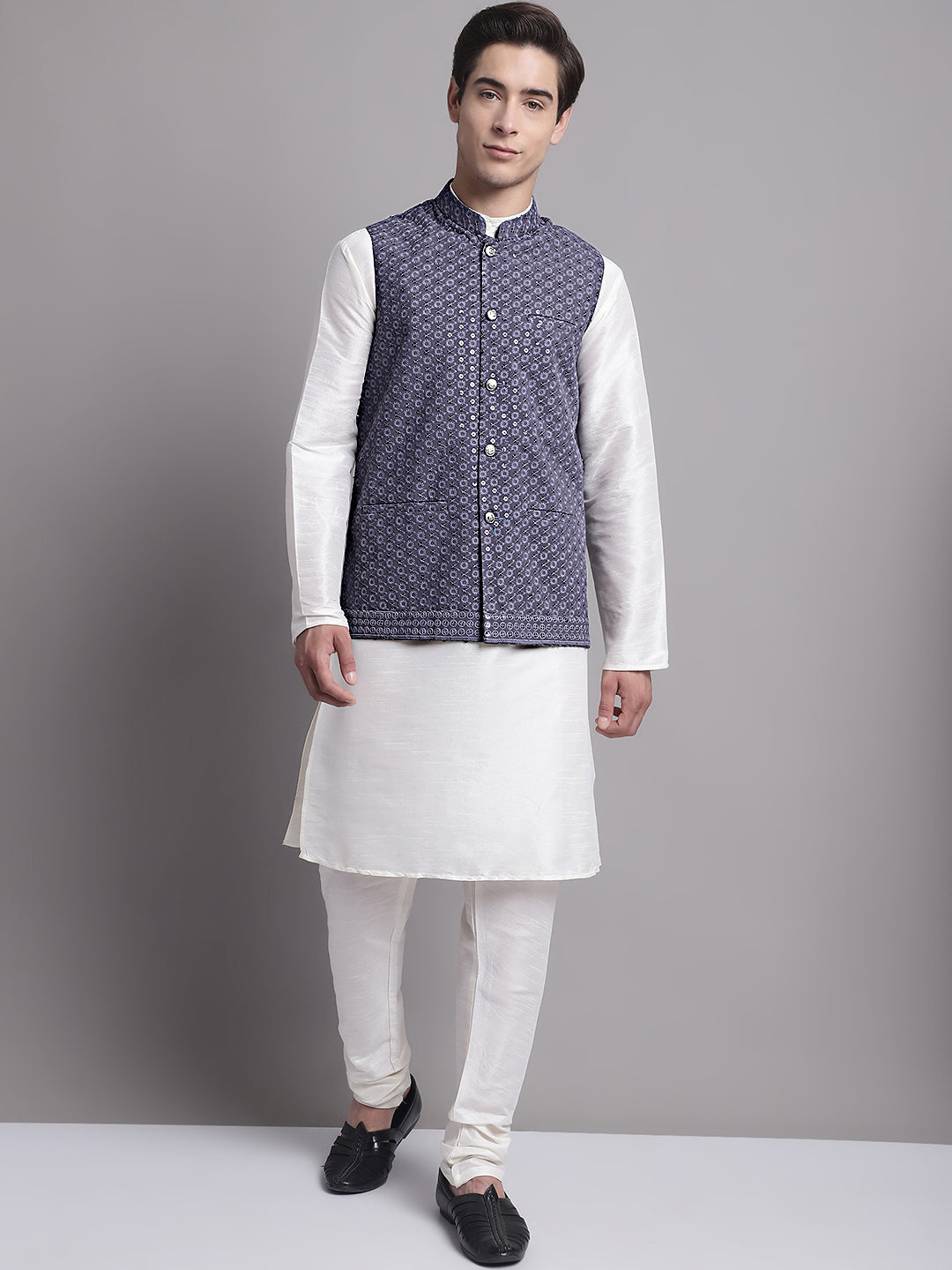 Jompers Men's Grey Sequins and Embroidered Nehru Jacket - Distacart