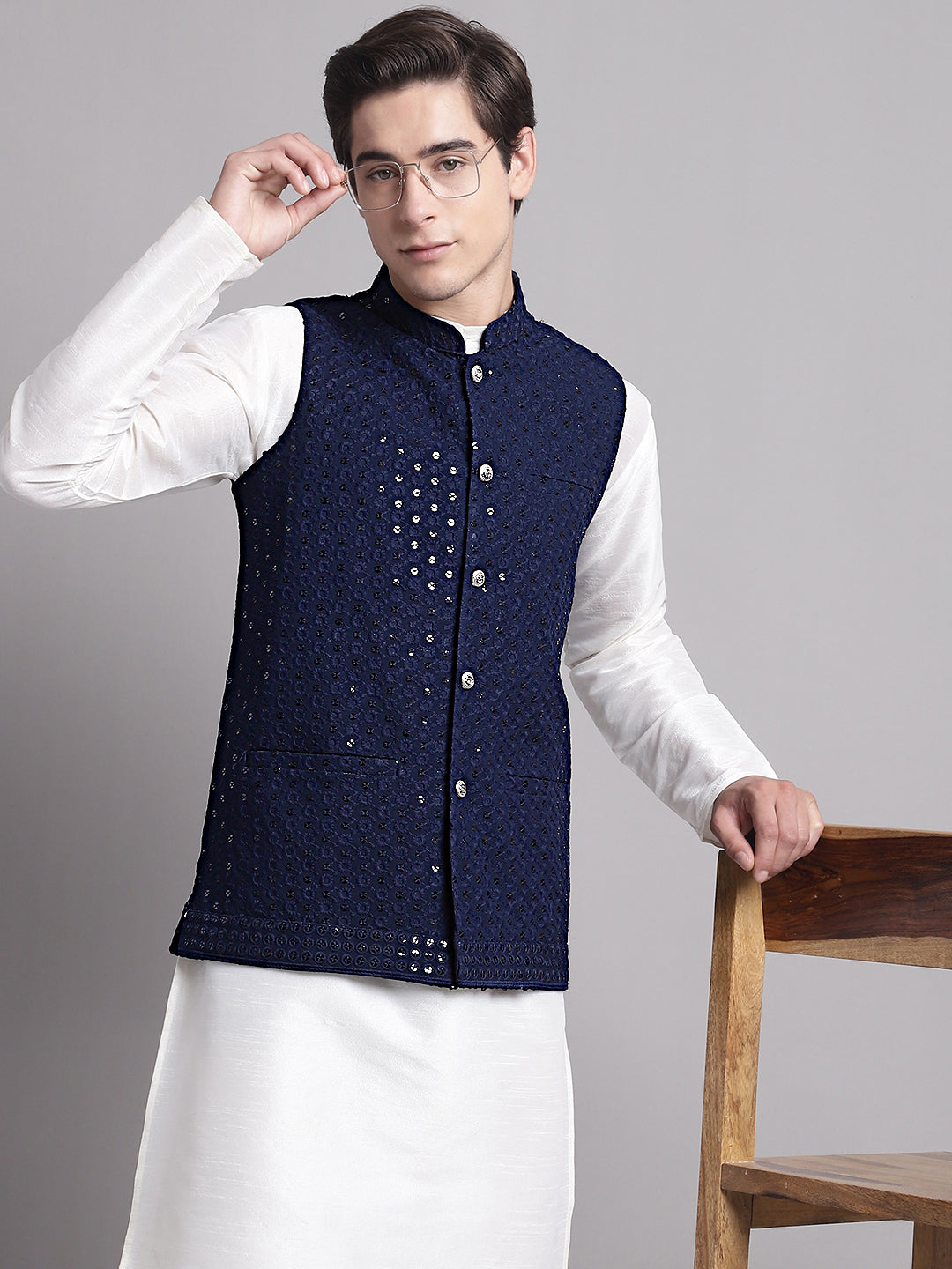 Jompers Men's Navy Blue Sequins and Embroidered Nehru Jacket - Distacart