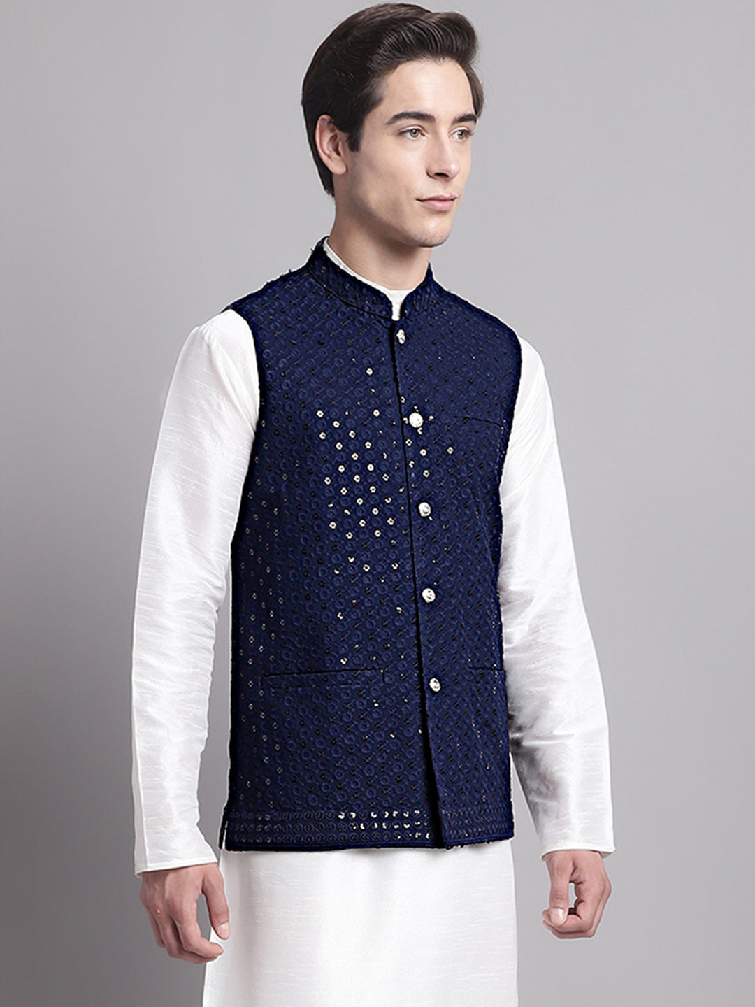 Jompers Men's Navy Blue Sequins and Embroidered Nehru Jacket - Distacart