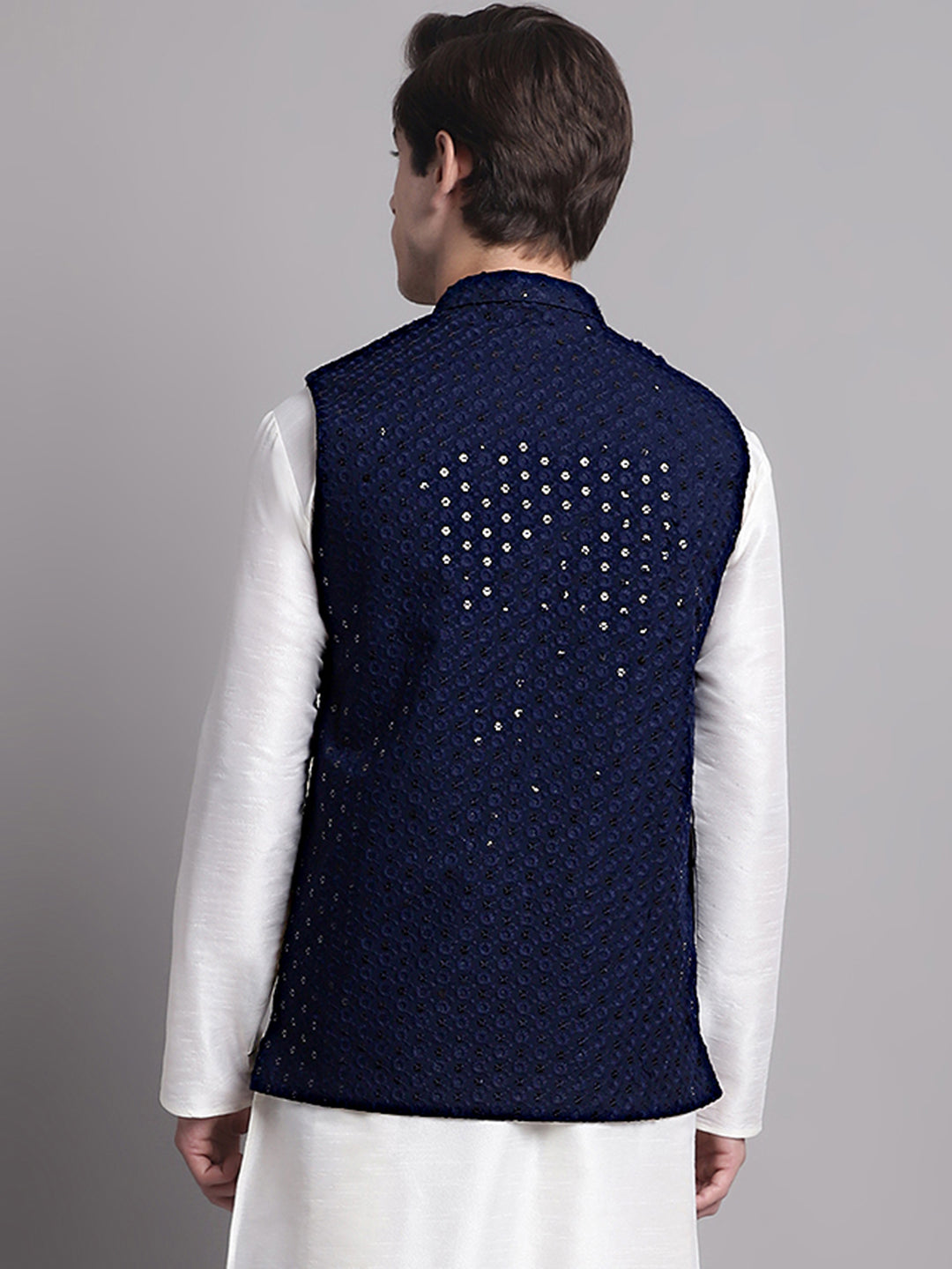 Jompers Men's Navy Blue Sequins and Embroidered Nehru Jacket - Distacart