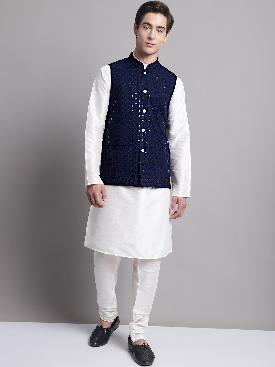 Jompers Men's Navy Blue Sequins and Embroidered Nehru Jacket - Distacart