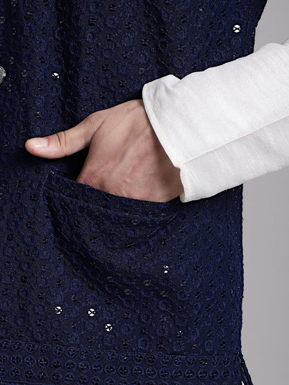 Jompers Men's Navy Blue Sequins and Embroidered Nehru Jacket - Distacart