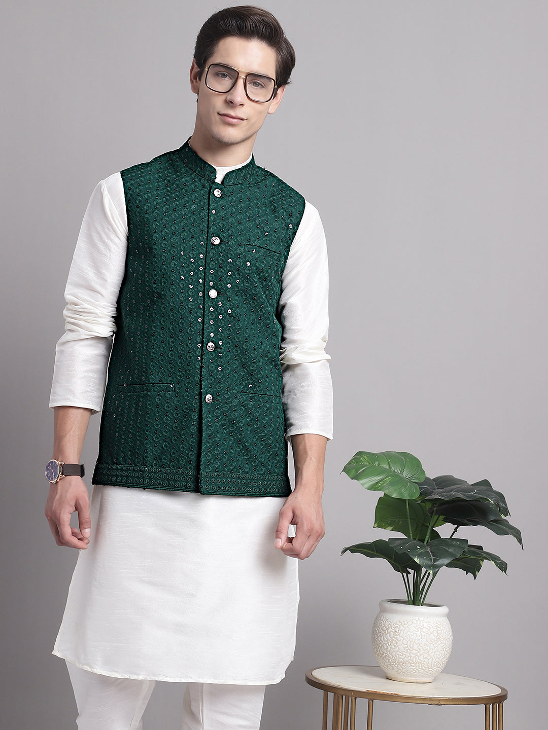 Jompers Men's Olive Green Sequins and Embroidered Nehru Jacket - Distacart