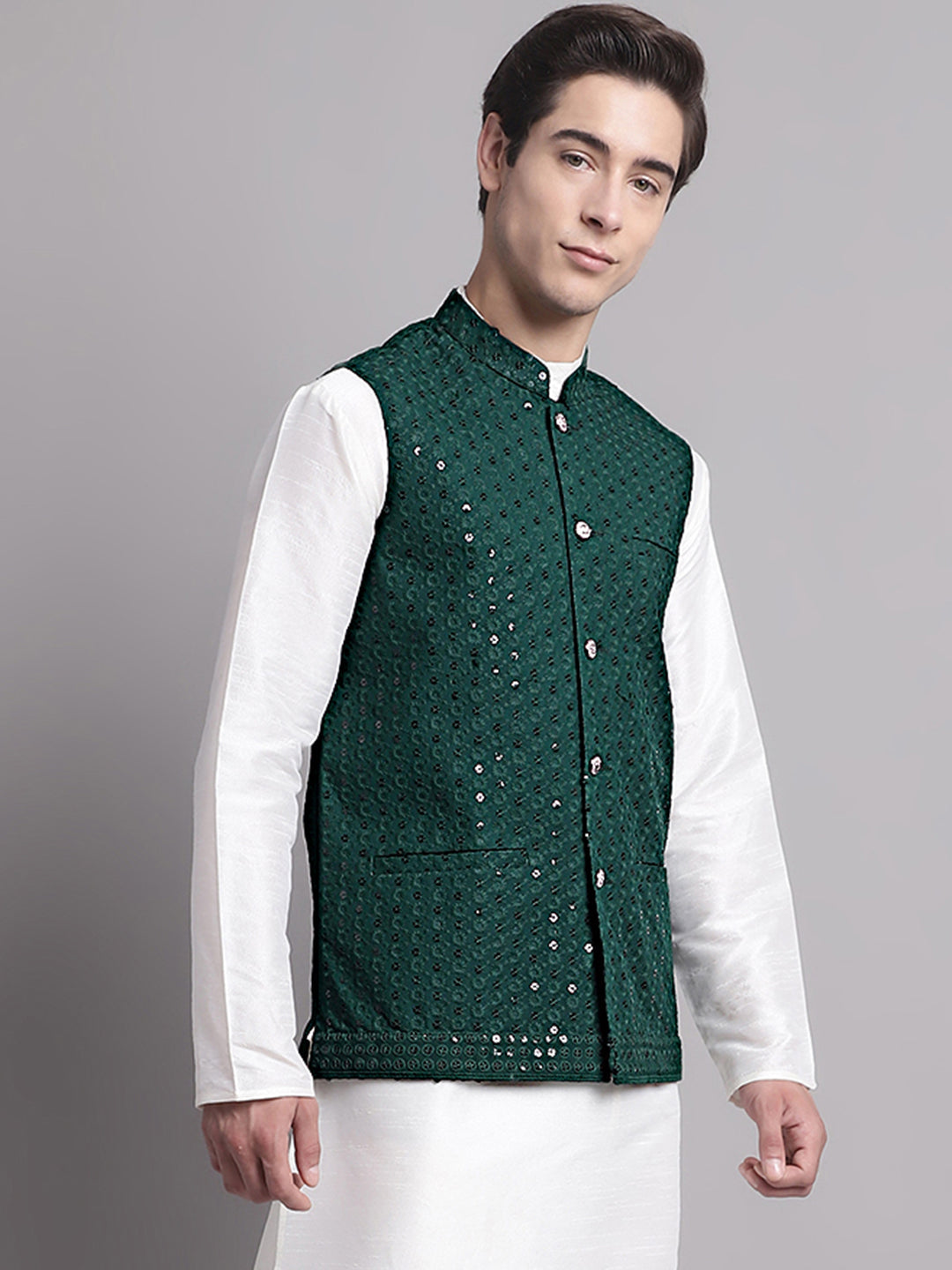 Jompers Men's Olive Green Sequins and Embroidered Nehru Jacket - Distacart