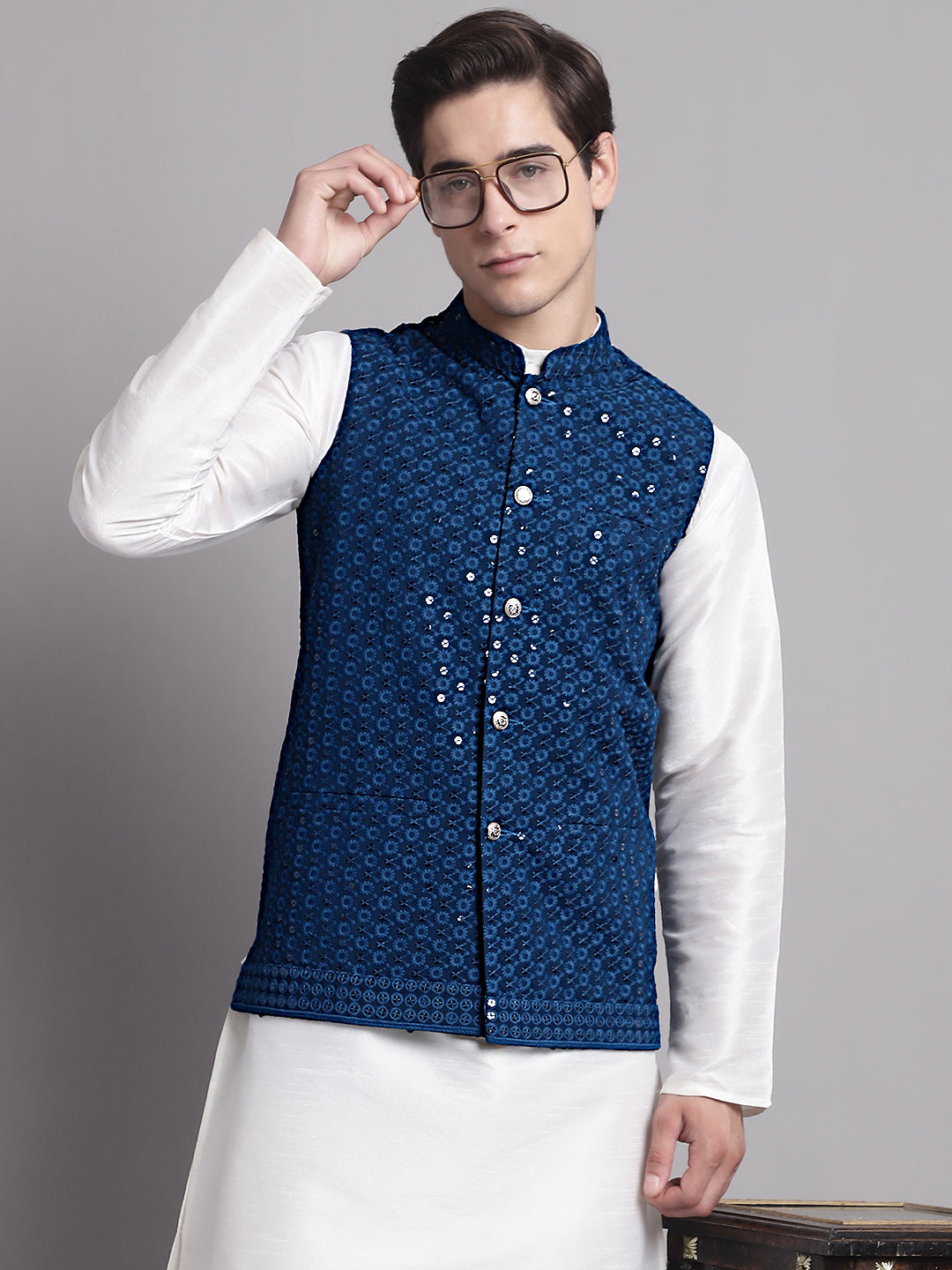 Jompers Men's Peacock Blue Sequins and Embroidered Nehru Jacket - Distacart