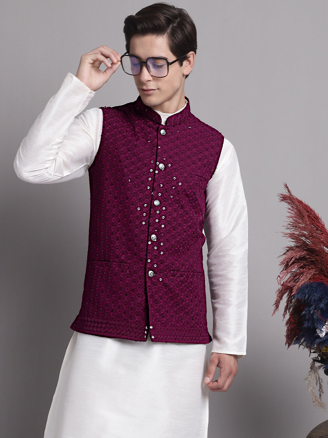 Jompers Men's Purple Sequins and Embroidered Nehru Jacket - Distacart