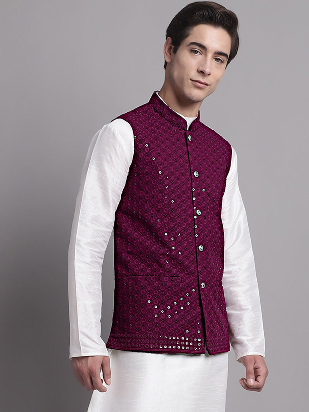 Jompers Men's Purple Sequins and Embroidered Nehru Jacket - Distacart