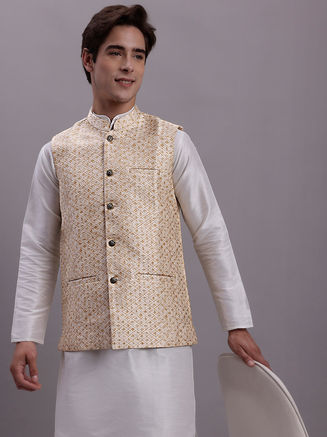 Jompers Men's Cream Woven Design Nehru Jacket With Solid Kurta Pyjama - Distacart