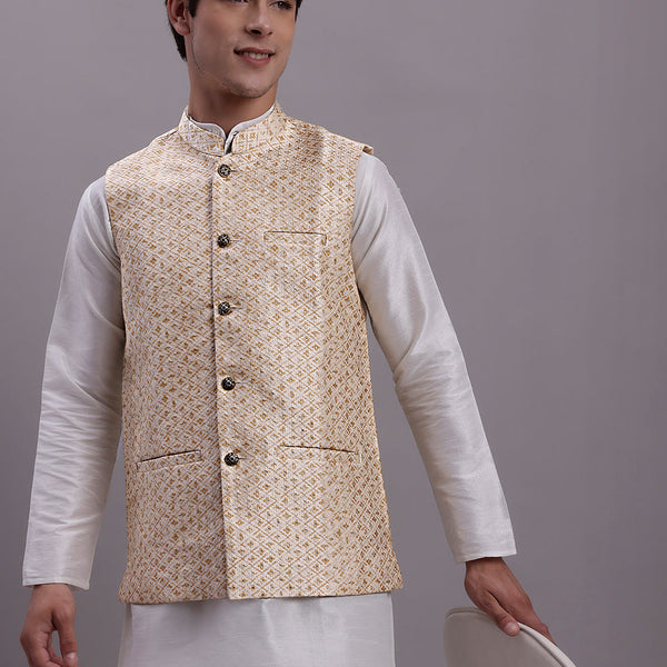 Jompers Men's Cream Woven Design Nehru Jacket With Solid Kurta Pyjama - Distacart