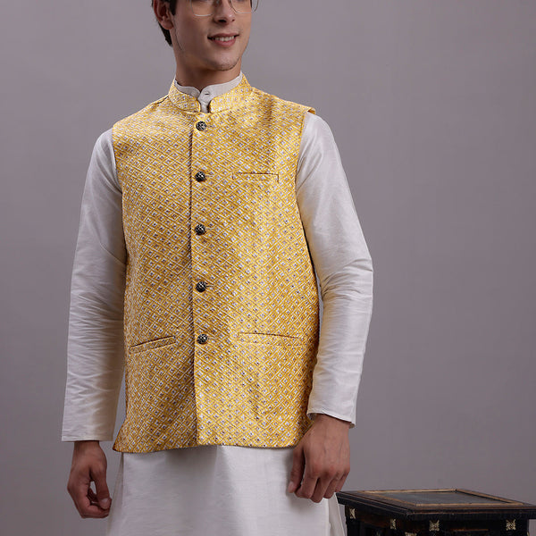 Jompers Men's Golden Woven Design Nehru Jacket With Solid Kurta Pyjama - Distacart