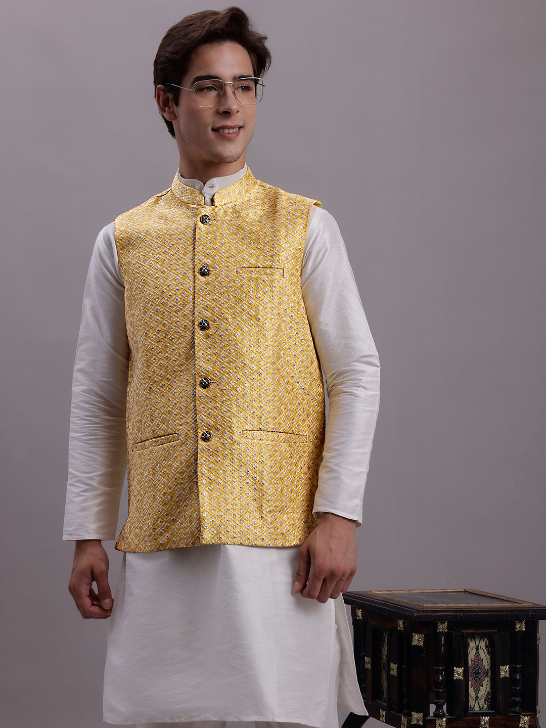 Jompers Men's Golden Woven Design Nehru Jacket With Solid Kurta Pyjama - Distacart