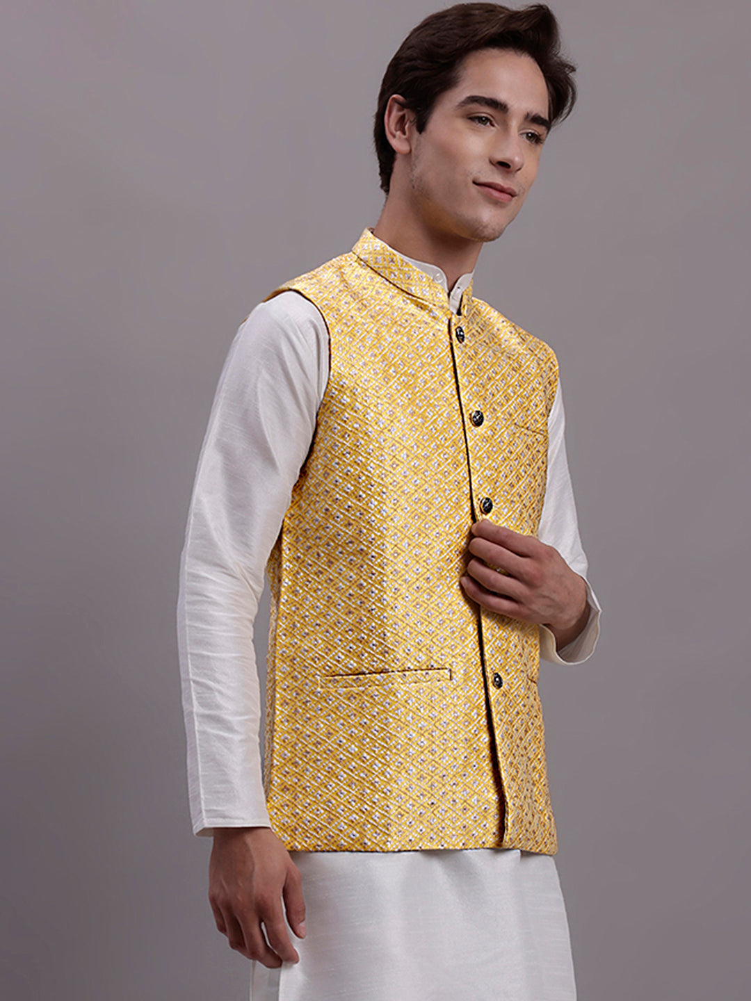 Jompers Men's Golden Woven Design Nehru Jacket With Solid Kurta Pyjama - Distacart