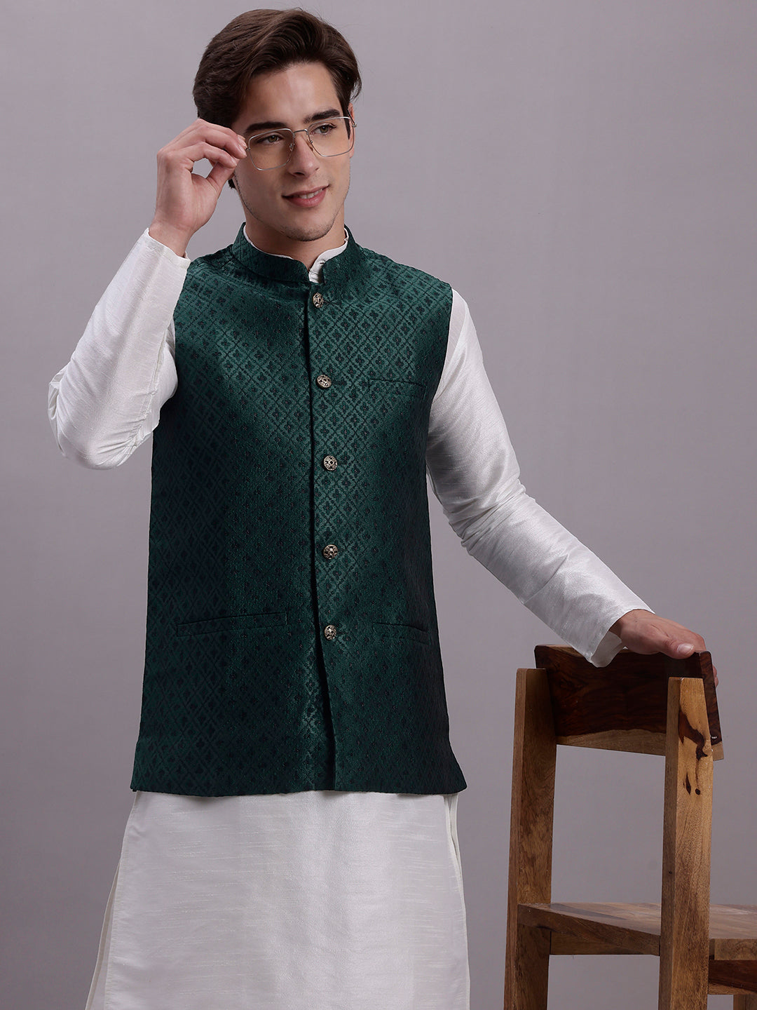 Jompers Men's Olive Green Woven Design Nehru Jacket With Solid Kurta Pyjama - Distacart