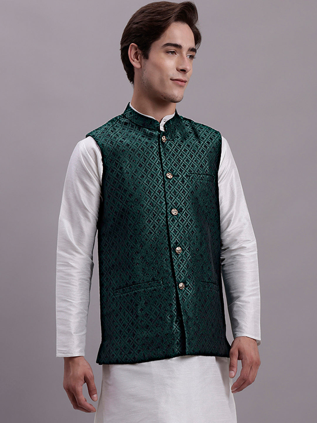 Jompers Men's Olive Green Woven Design Nehru Jacket With Solid Kurta Pyjama - Distacart
