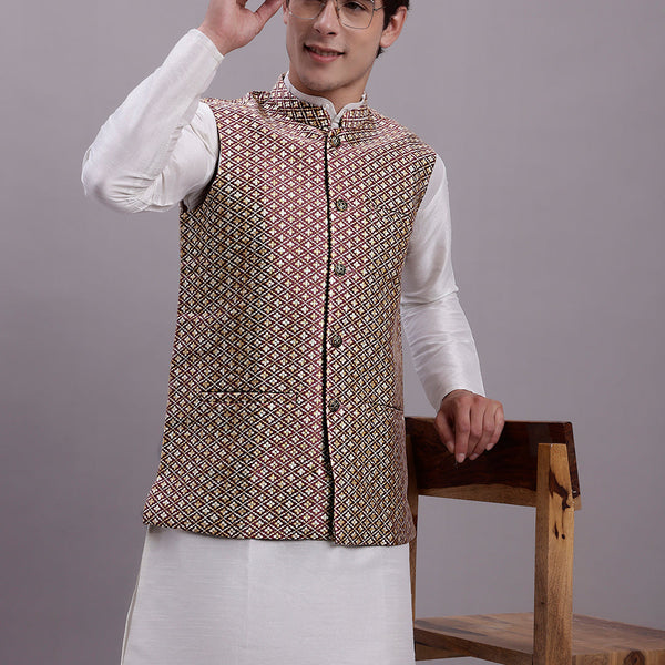 Jompers Men's Peach Woven Design Nehru Jacket With Solid Kurta Pyjama - Distacart