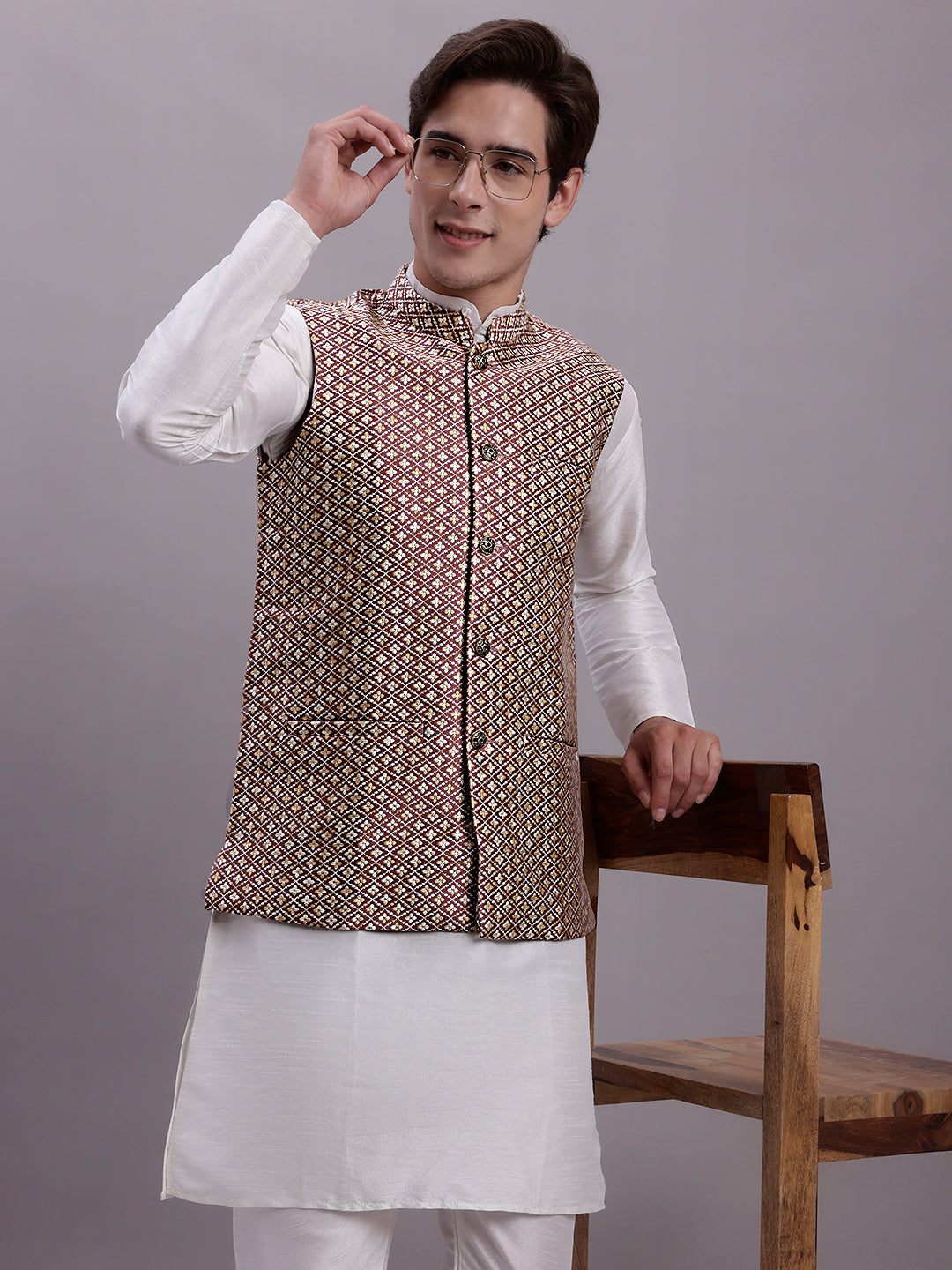Jompers Men's Peach Woven Design Nehru Jacket With Solid Kurta Pyjama - Distacart