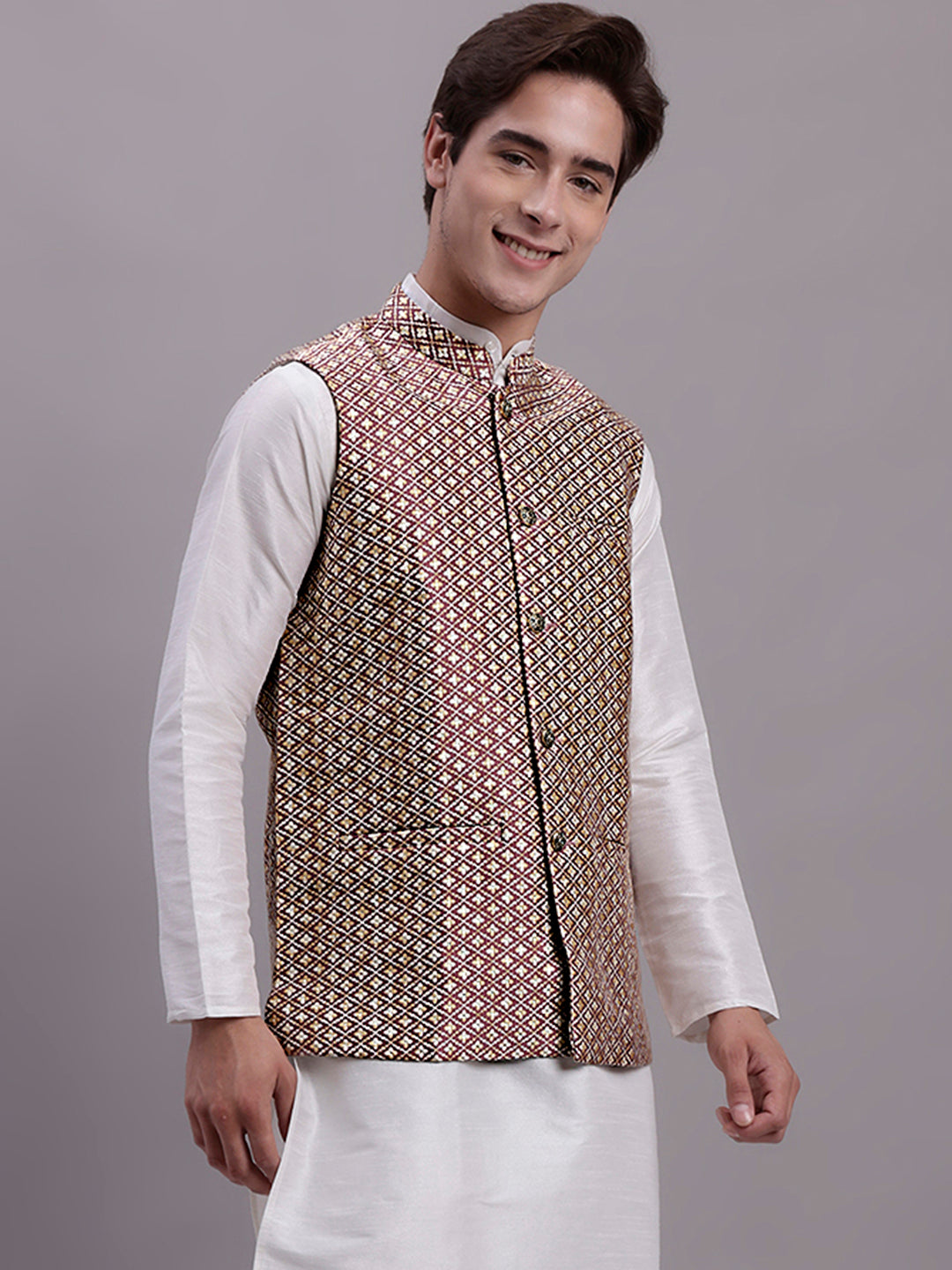 Jompers Men's Peach Woven Design Nehru Jacket With Solid Kurta Pyjama - Distacart