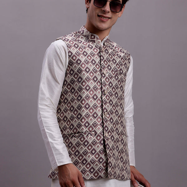 Jompers Men's Purple Woven Design Nehru Jacket With Solid Kurta Pyjama - Distacart