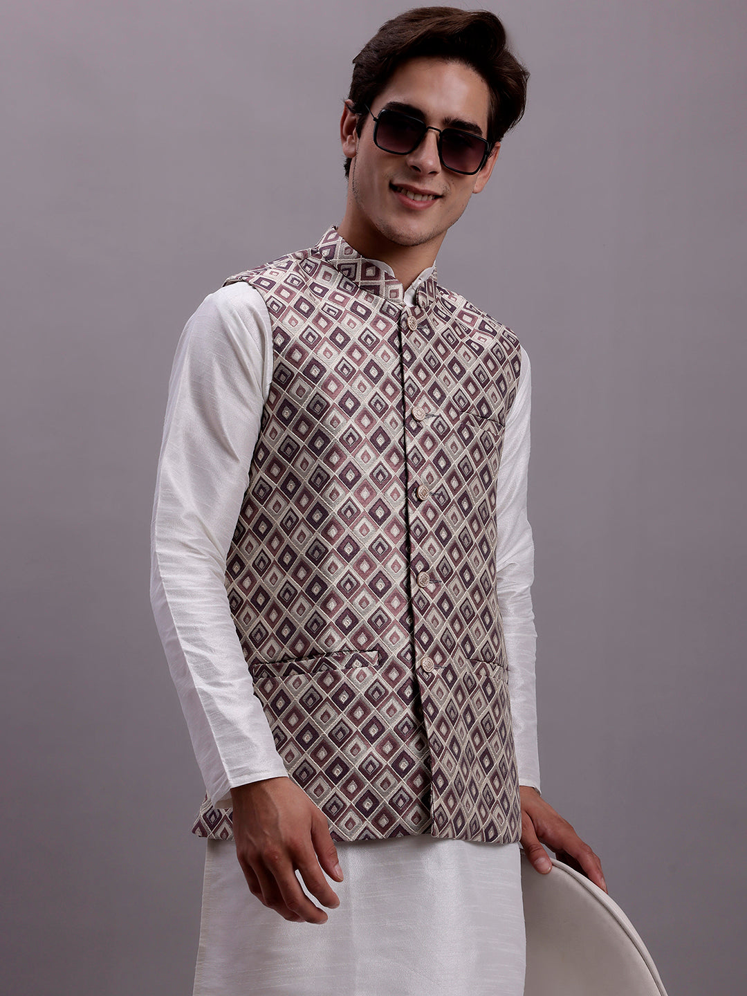 Jompers Men's Purple Woven Design Nehru Jacket With Solid Kurta Pyjama - Distacart
