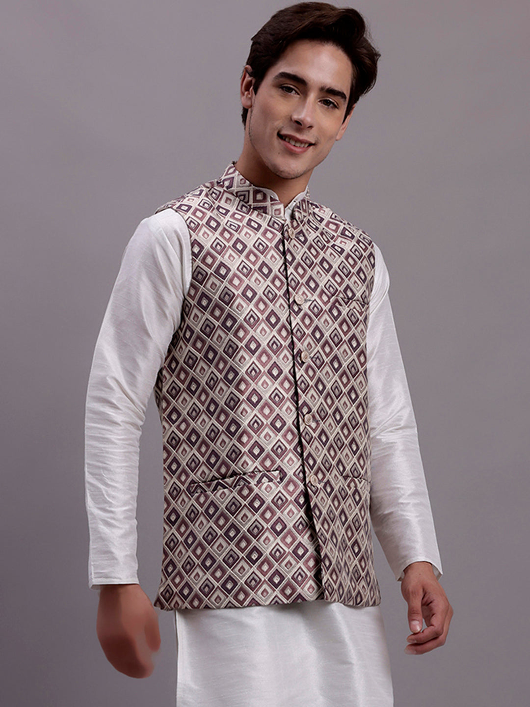 Jompers Men's Purple Woven Design Nehru Jacket With Solid Kurta Pyjama - Distacart