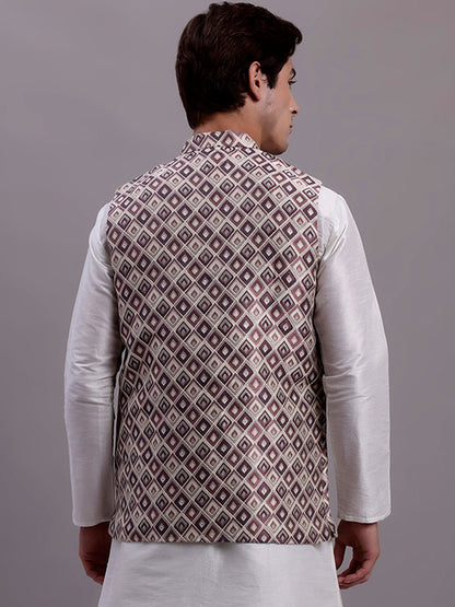 Jompers Men's Purple Woven Design Nehru Jacket With Solid Kurta Pyjama - Distacart