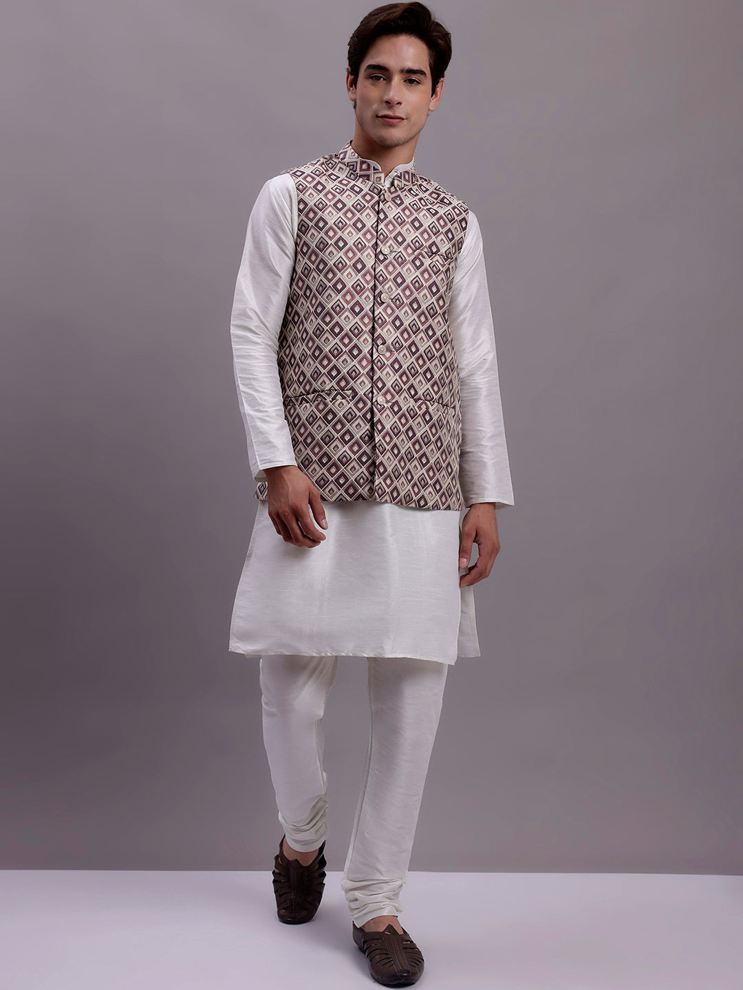 Jompers Men's Purple Woven Design Nehru Jacket With Solid Kurta Pyjama - Distacart