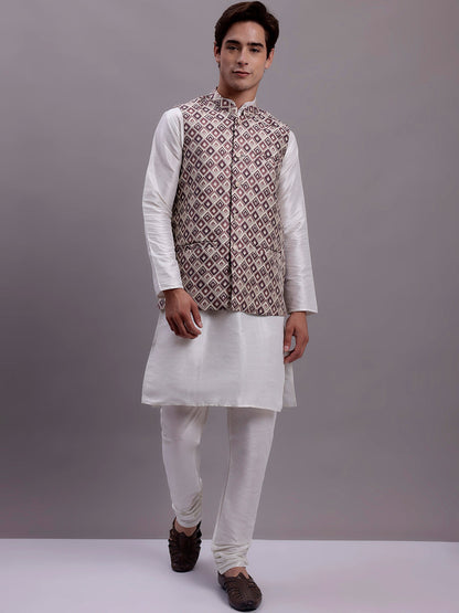 Jompers Men's Purple Woven Design Nehru Jacket With Solid Kurta Pyjama - Distacart