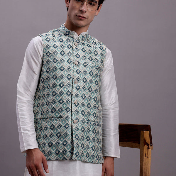 Jompers Men's Turquoise Blue Woven Design Nehru Jacket With Solid Kurta Pyjama - Distacart