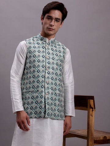 Jompers Men's Turquoise Blue Woven Design Nehru Jacket With Solid Kurta Pyjama - Distacart