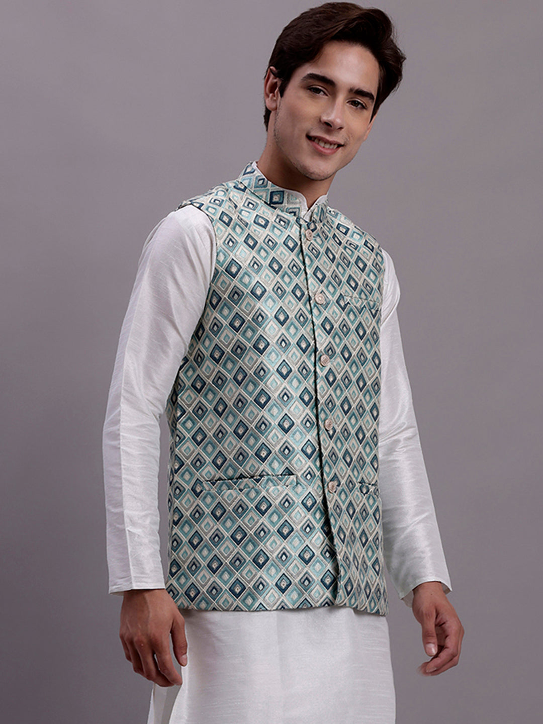 Jompers Men's Turquoise Blue Woven Design Nehru Jacket With Solid Kurta Pyjama - Distacart