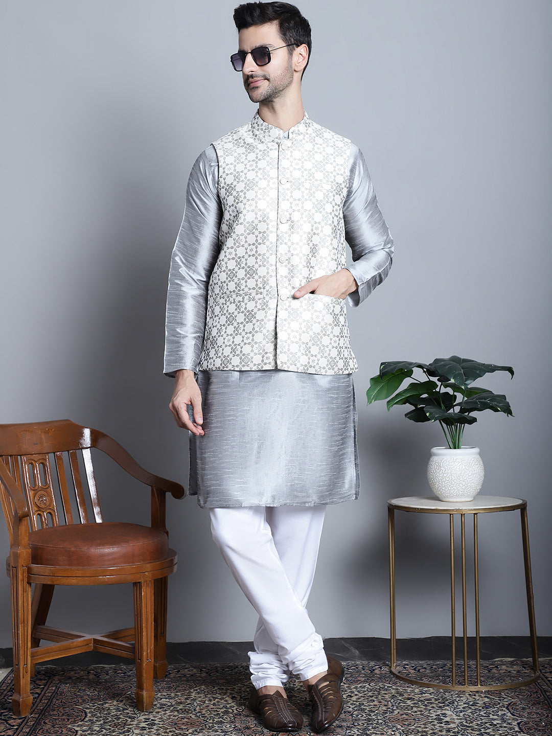 Jompers Men's Woven Design Nehru Jacket - Cream - Distacart