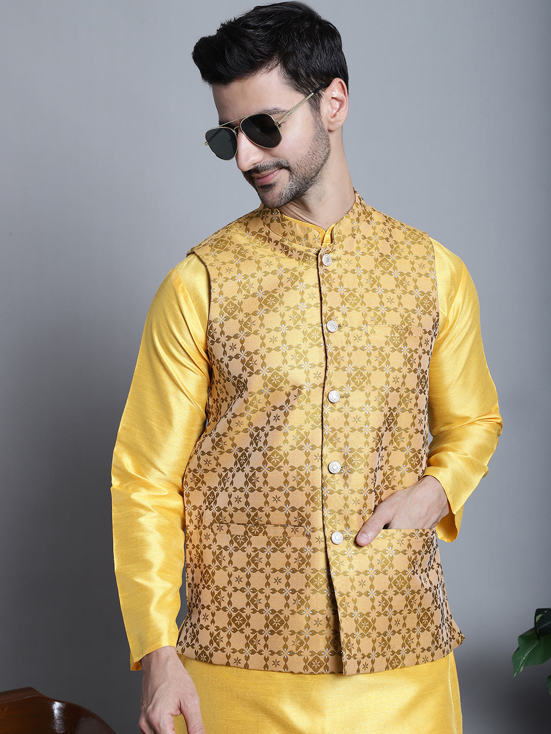 Jompers Men's Woven Design Nehru Jacket - Mustard - Distacart