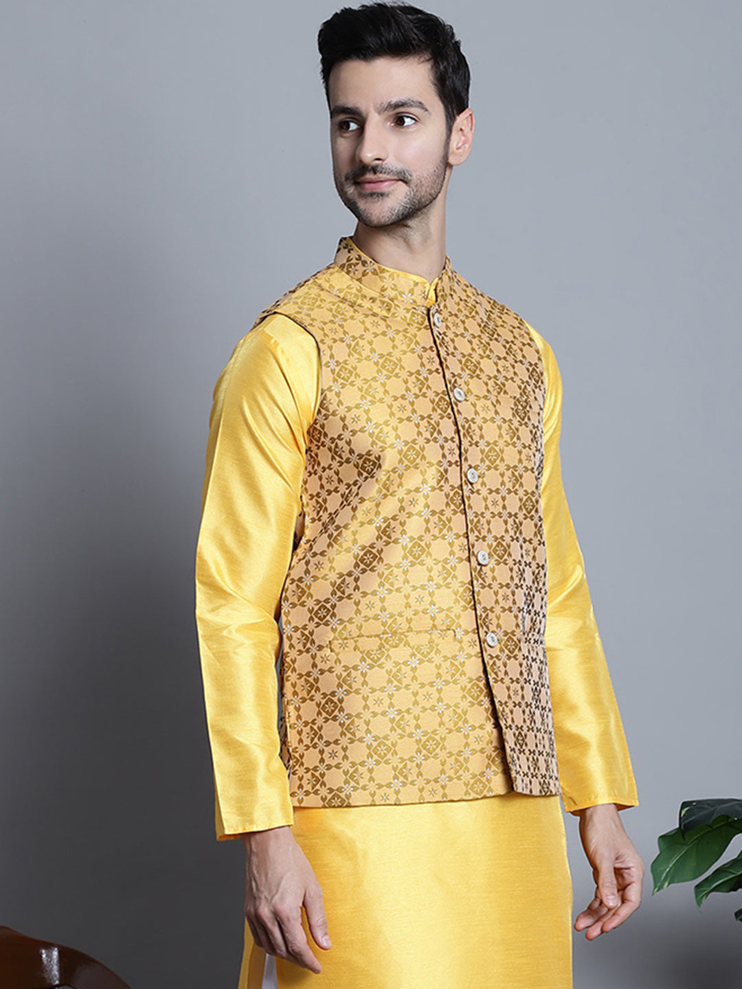 Jompers Men's Woven Design Nehru Jacket - Mustard - Distacart