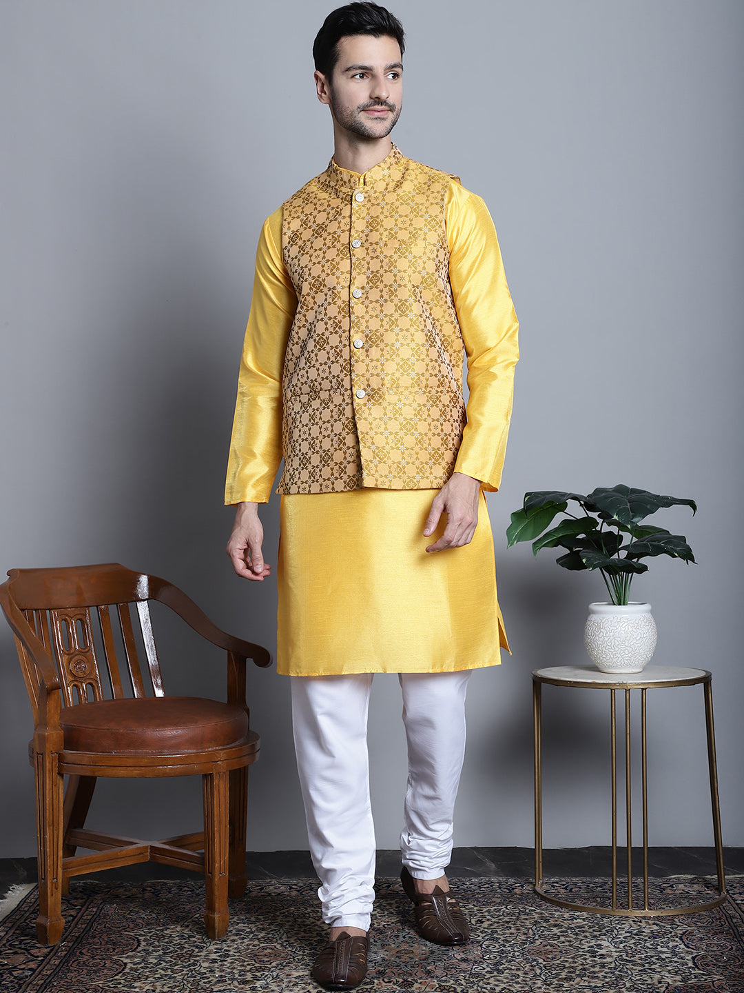 Jompers Men's Woven Design Nehru Jacket - Mustard - Distacart