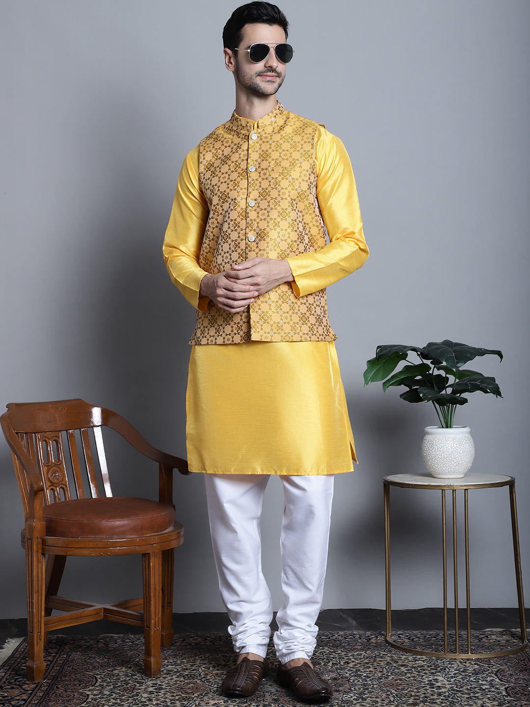 Jompers Men's Woven Design Nehru Jacket - Mustard - Distacart