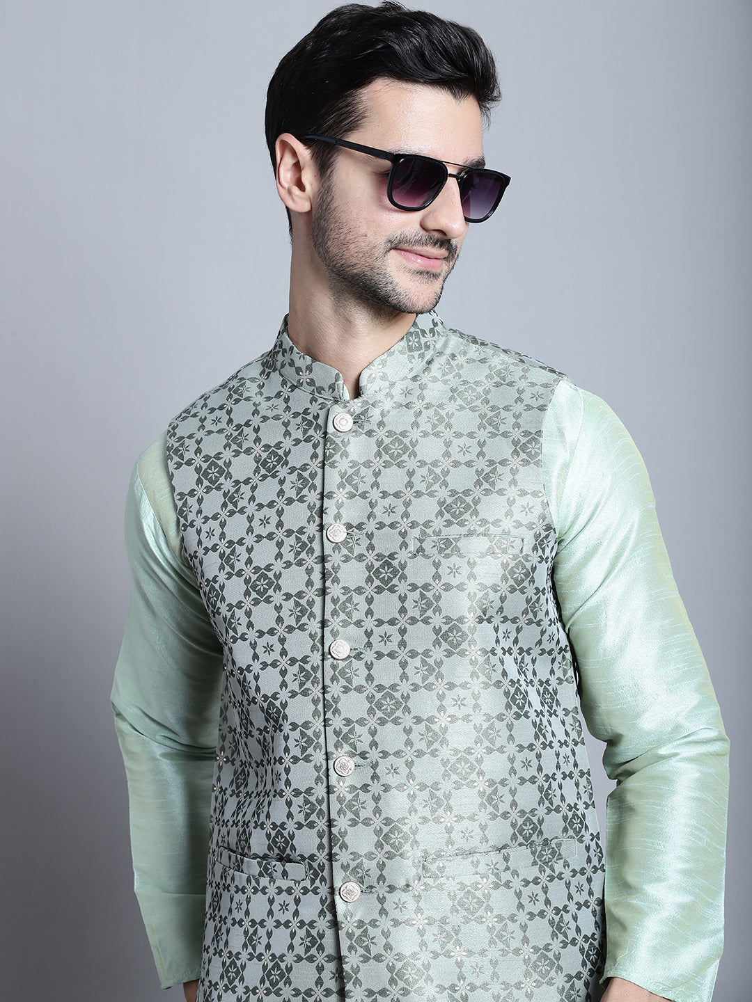 Jompers Men's Woven Design Nehru Jacket - Pista - Distacart