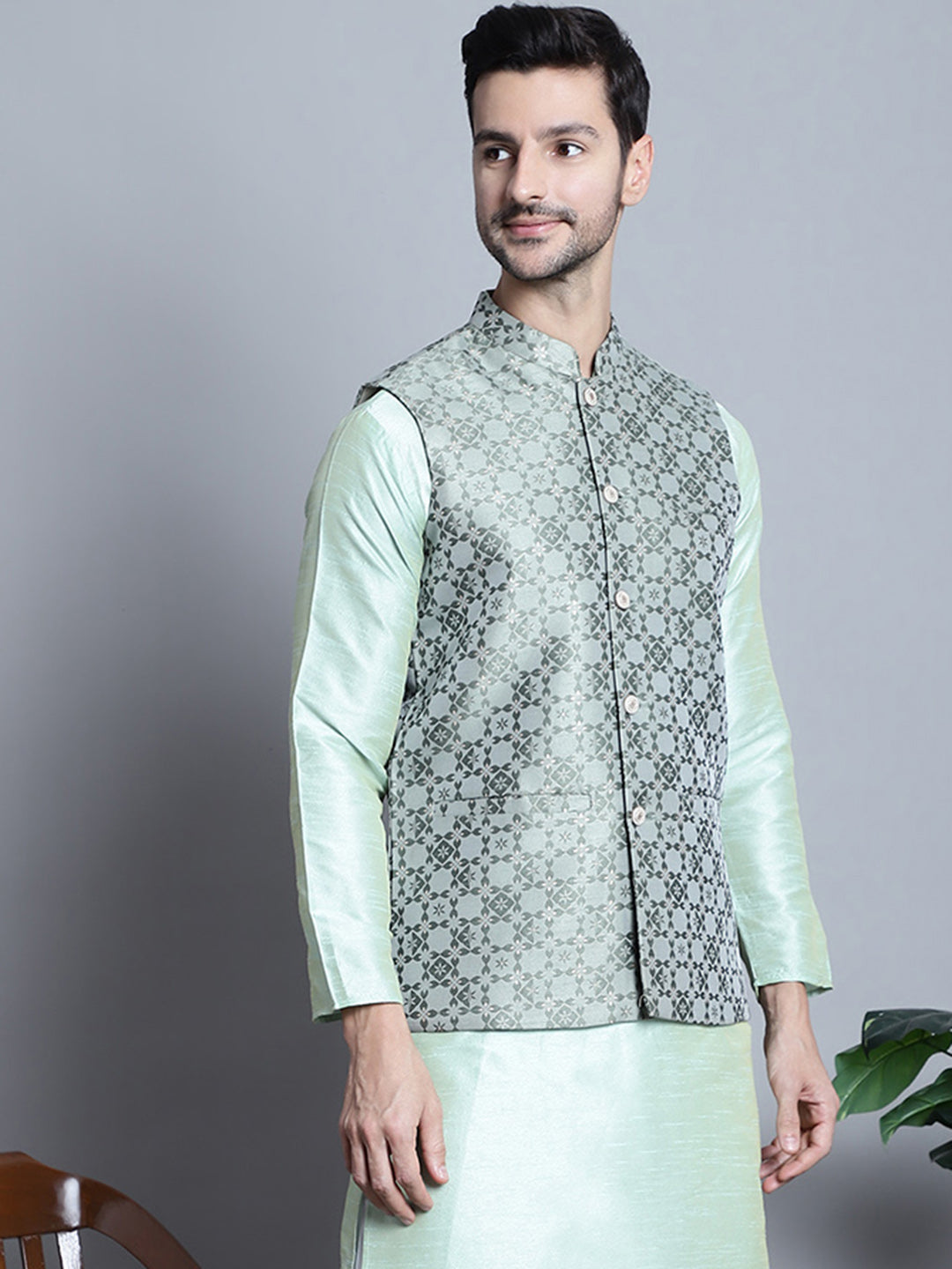 Jompers Men's Woven Design Nehru Jacket - Pista - Distacart