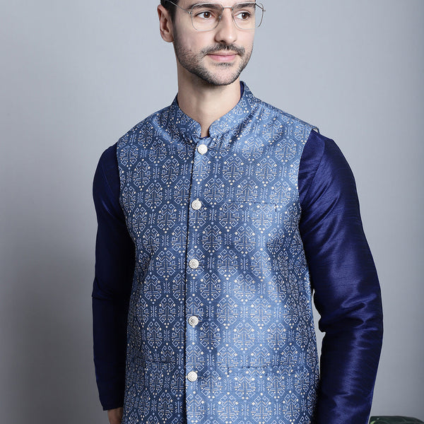 Jompers Men's Printed Nehru Jacket - Blue - Distacart