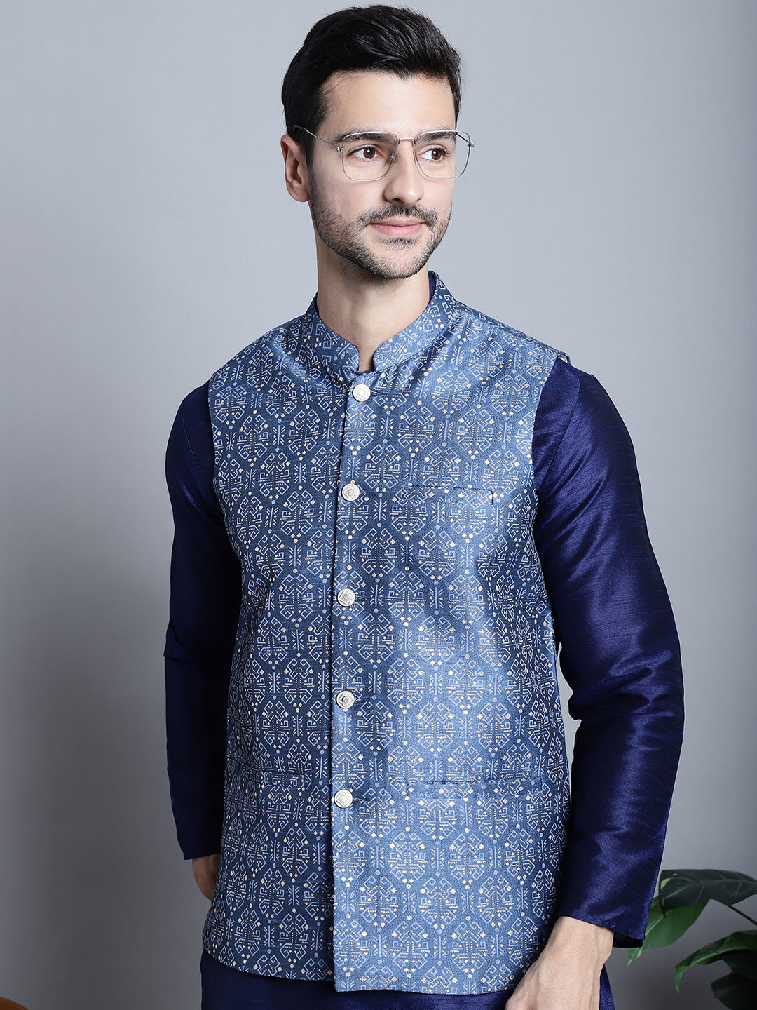 Jompers Men's Printed Nehru Jacket - Blue - Distacart