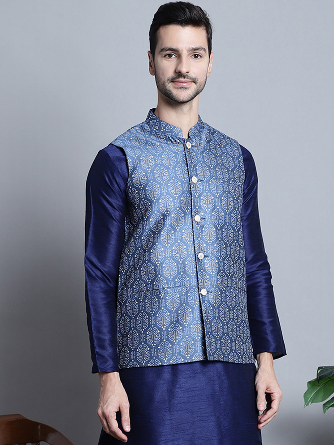 Jompers Men's Printed Nehru Jacket - Blue - Distacart