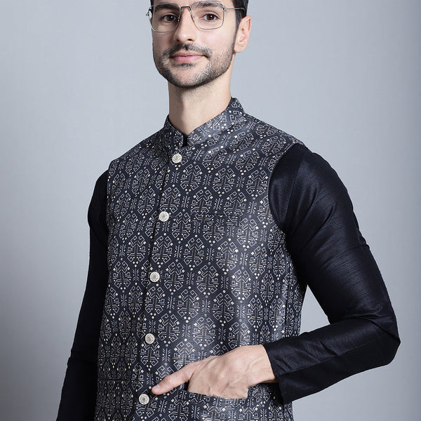 Jompers Men's Printed Nehru Jacket - Charcoal - Distacart