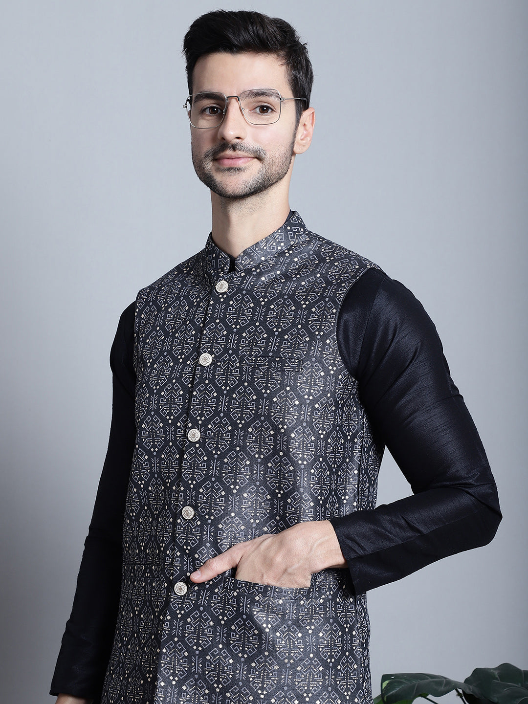 Jompers Men's Printed Nehru Jacket - Charcoal - Distacart