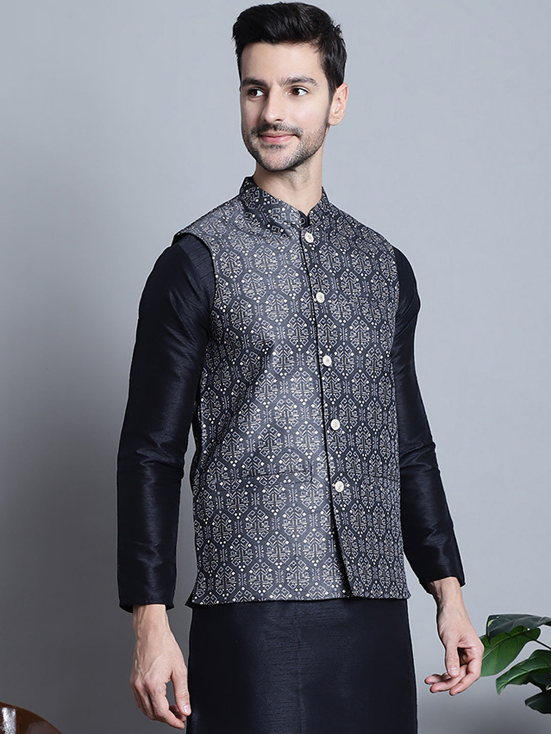 Jompers Men's Printed Nehru Jacket - Charcoal - Distacart