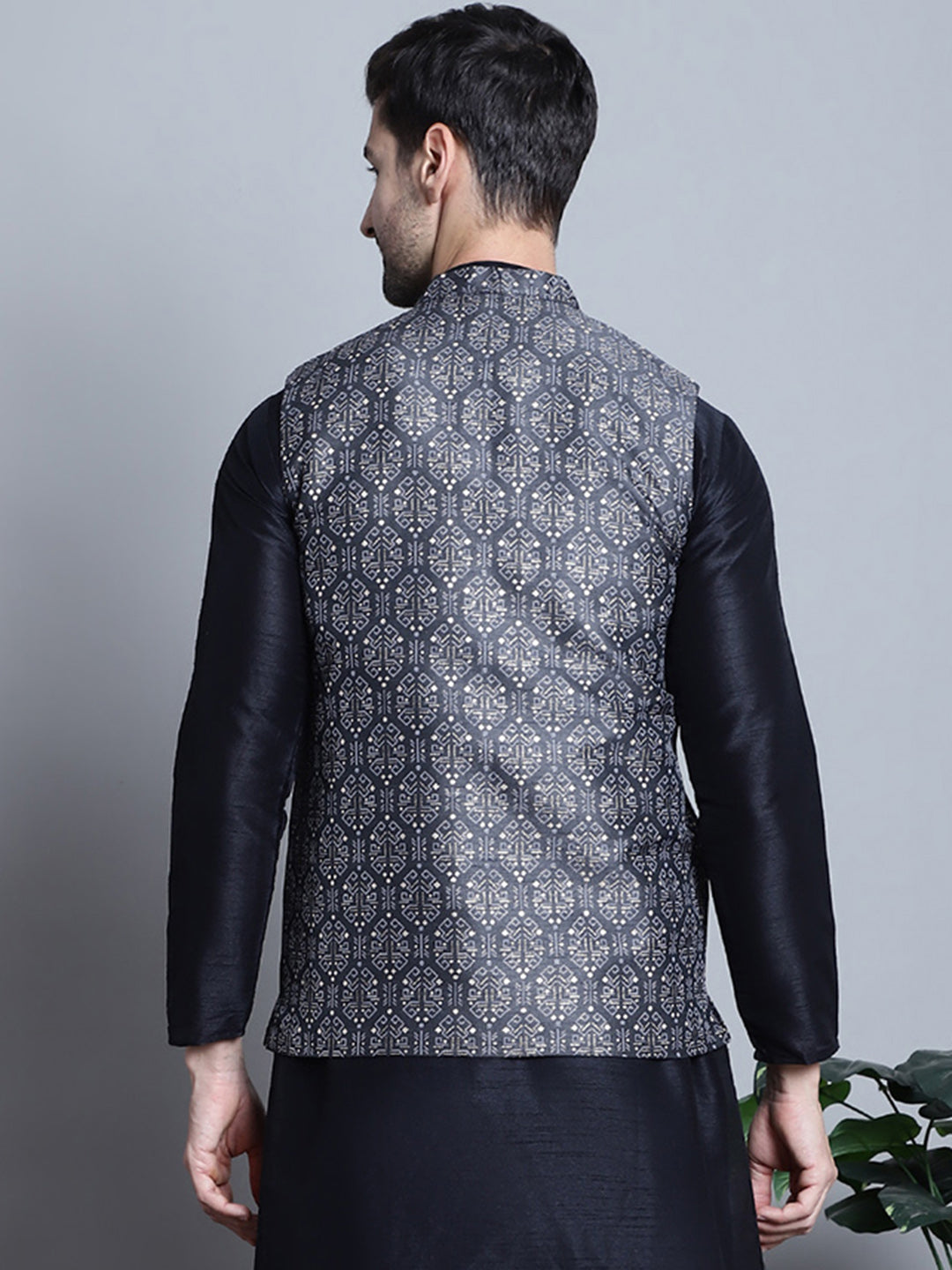Jompers Men's Printed Nehru Jacket - Charcoal - Distacart