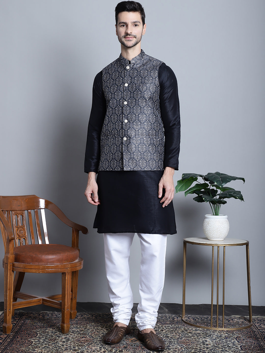 Jompers Men's Printed Nehru Jacket - Charcoal - Distacart