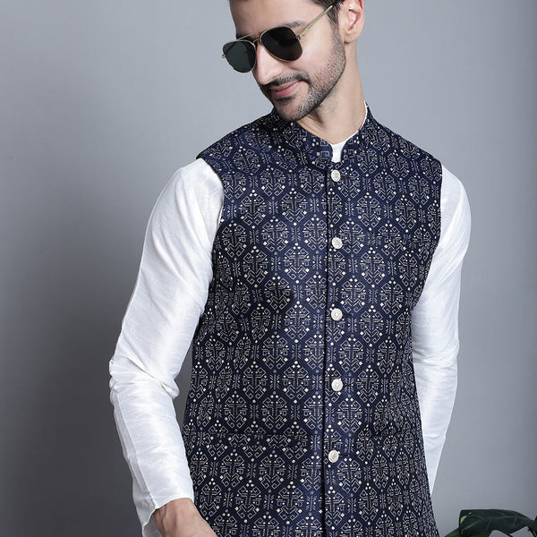 Jompers Men's Printed Nehru Jacket - Navy Blue - Distacart