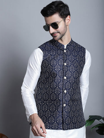 Jompers Men's Printed Nehru Jacket - Navy Blue - Distacart
