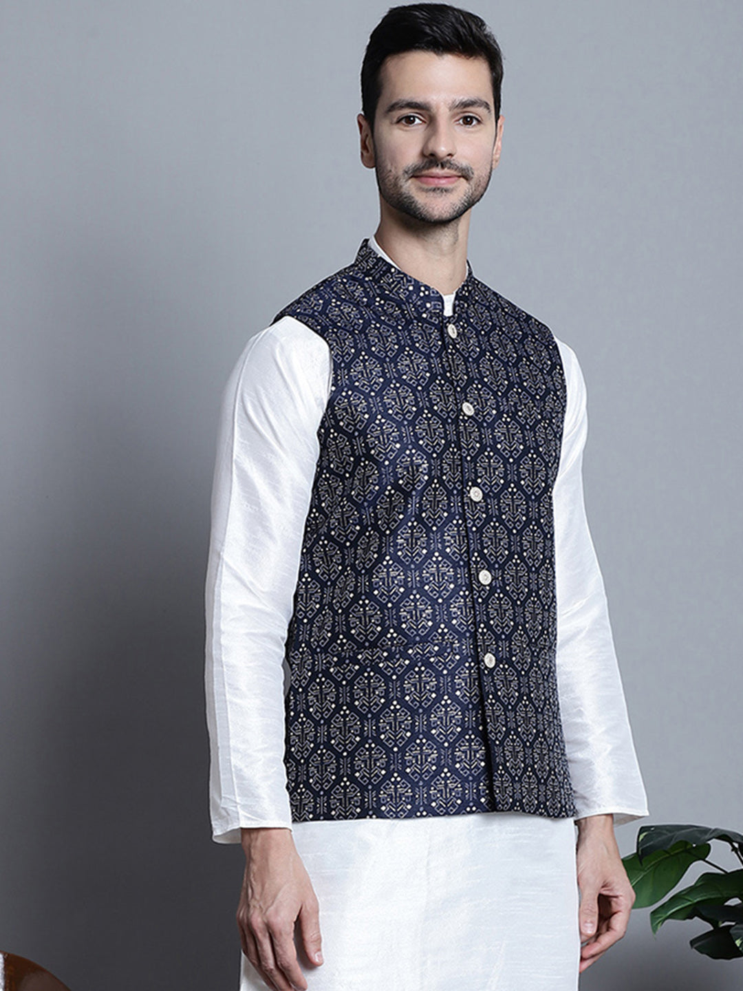 Jompers Men's Printed Nehru Jacket - Navy Blue - Distacart