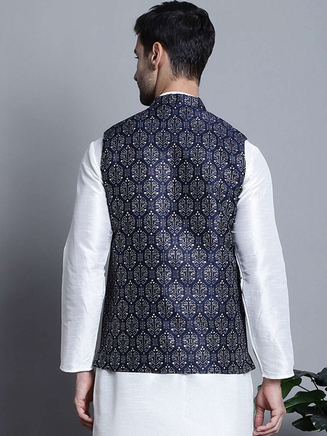 Jompers Men's Printed Nehru Jacket - Navy Blue - Distacart