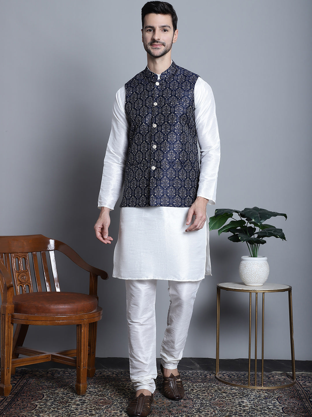 Jompers Men's Printed Nehru Jacket - Navy Blue - Distacart